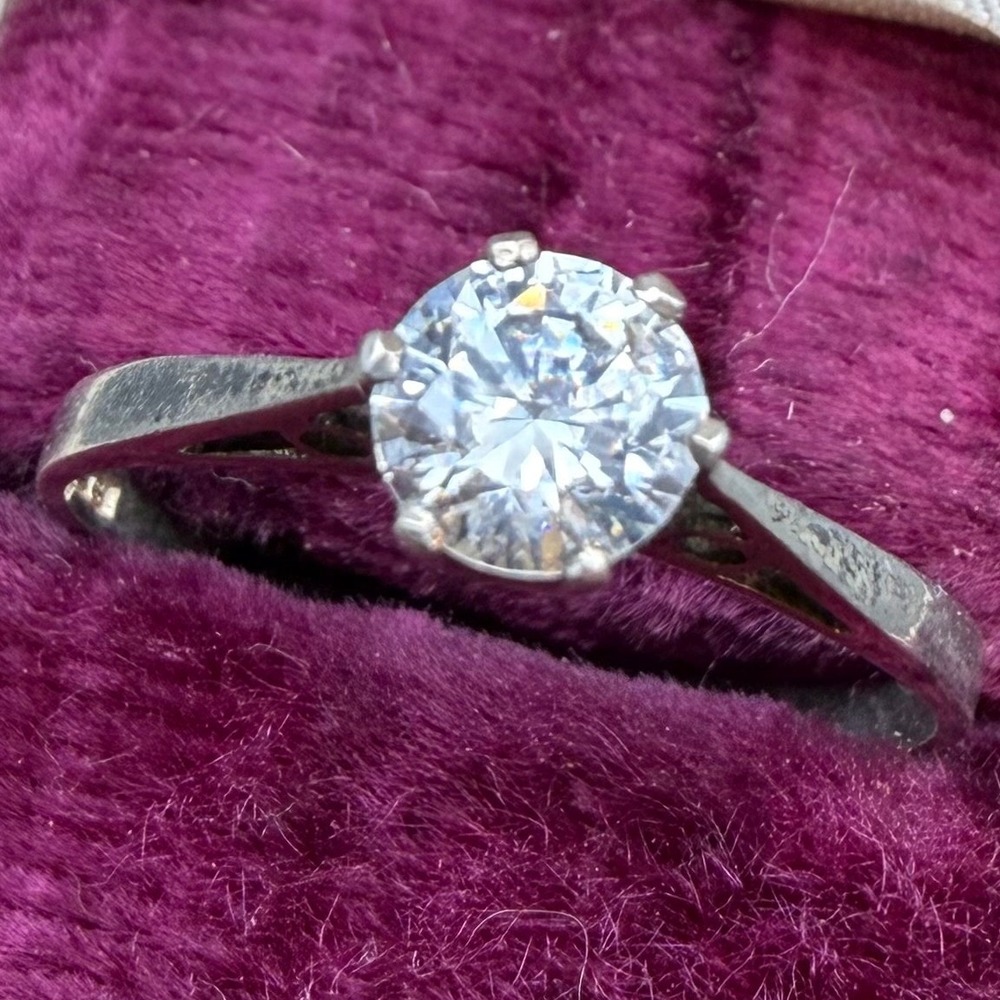 Vintage Sterling Silver Ring Solitaire CZ Birmingham 1957 Signed SE Size 9.25